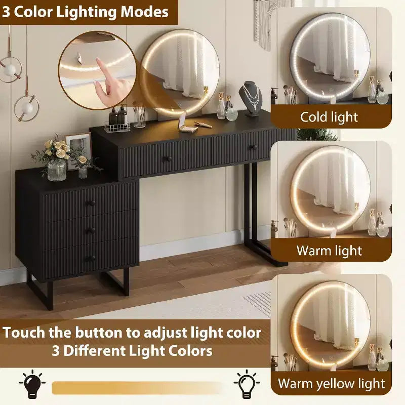 Coiffeuse GustoWave avec miroir et lumières, Petite coiffeuse de maquillage avec 5 tiroirs pour chambre à coucher, Organiseur de coiffeuse avec 3 couleurs de lumières