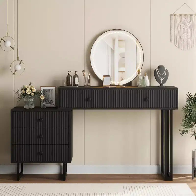 Coiffeuse GustoWave avec miroir et lumières, Petite coiffeuse de maquillage avec 5 tiroirs pour chambre à coucher, Organiseur de coiffeuse avec 3 couleurs de lumières