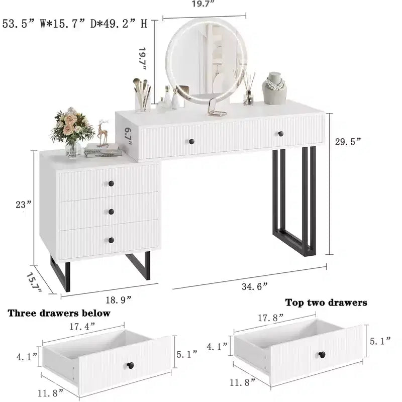 Coiffeuse GustoWave avec miroir et lumières, Petite coiffeuse de maquillage avec 5 tiroirs pour chambre à coucher, Organiseur de coiffeuse avec 3 couleurs de lumières