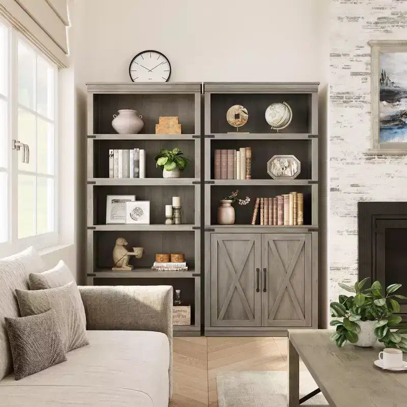 GustoWave Étagère de bibliothèque 68,7" avec armoire de rangement, meuble de rangement autonome à 5 niveaux, bibliothèque en bois avec portes, gris