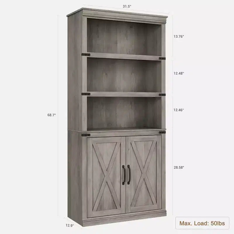 GustoWave Étagère de bibliothèque 68,7" avec armoire de rangement, meuble de rangement autonome à 5 niveaux, bibliothèque en bois avec portes, gris