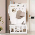 Portemanteau d'entrée 5-en-1 style ferme avec banc à chaussures et patères, 8 compartiments à chaussures, 6 patères.