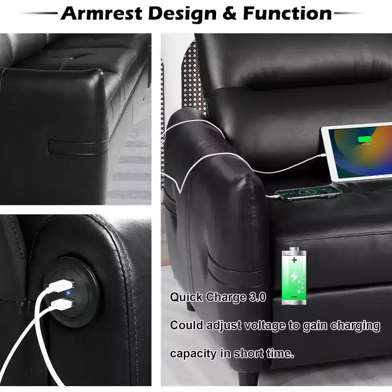 TYBOATLE 85 Canapé 3 Places en Simili Cuir avec Ports USB, Sofa Moderne du Milieu du Siècle pour Salon, Bureau ou Appartement, Noir