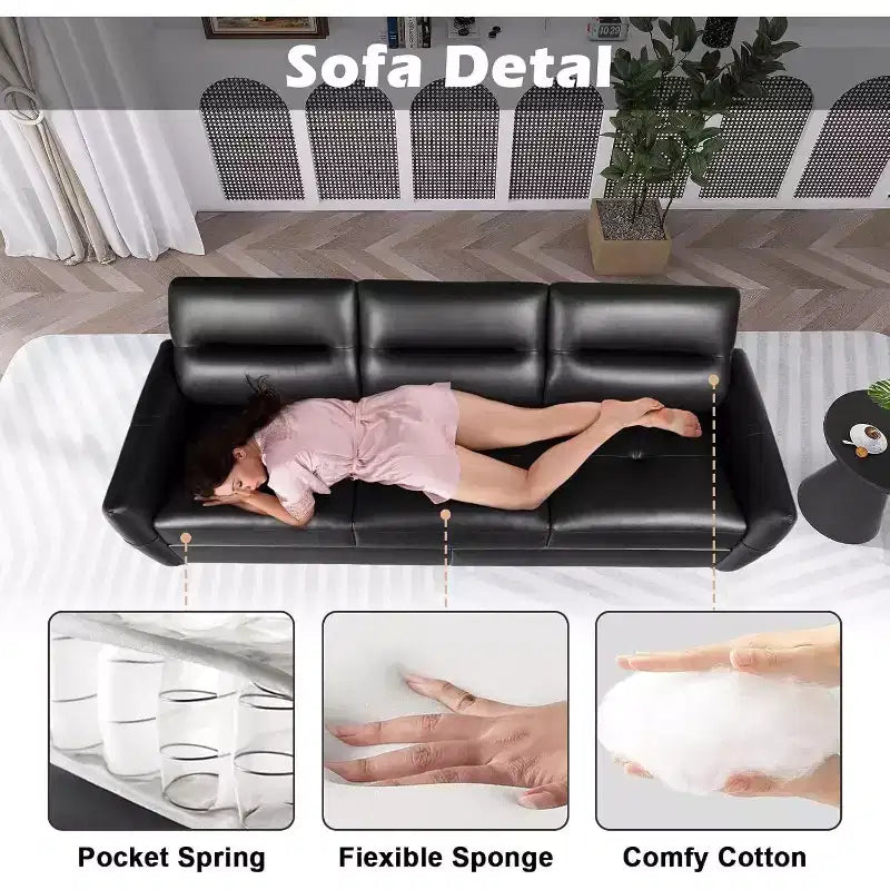 TYBOATLE 85 Canapé 3 Places en Simili Cuir avec Ports USB, Sofa Moderne du Milieu du Siècle pour Salon, Bureau ou Appartement, Noir
