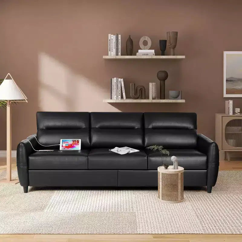 TYBOATLE 85 Canapé 3 Places en Simili Cuir avec Ports USB, Sofa Moderne du Milieu du Siècle pour Salon, Bureau ou Appartement, Noir