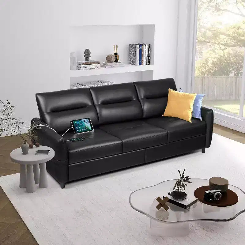 TYBOATLE 85 Canapé 3 Places en Simili Cuir avec Ports USB, Sofa Moderne du Milieu du Siècle pour Salon, Bureau ou Appartement, Noir