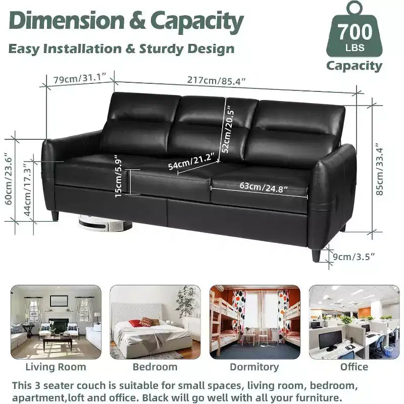 TYBOATLE 85 Canapé 3 Places en Simili Cuir avec Ports USB, Sofa Moderne du Milieu du Siècle pour Salon, Bureau ou Appartement, Noir