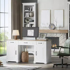 Bureau de direction de 60 po avec tiroirs, bureau d'ordinateur de style rustique pour bureau à domicile avec armoires de rangement, (Blanc antique-1)