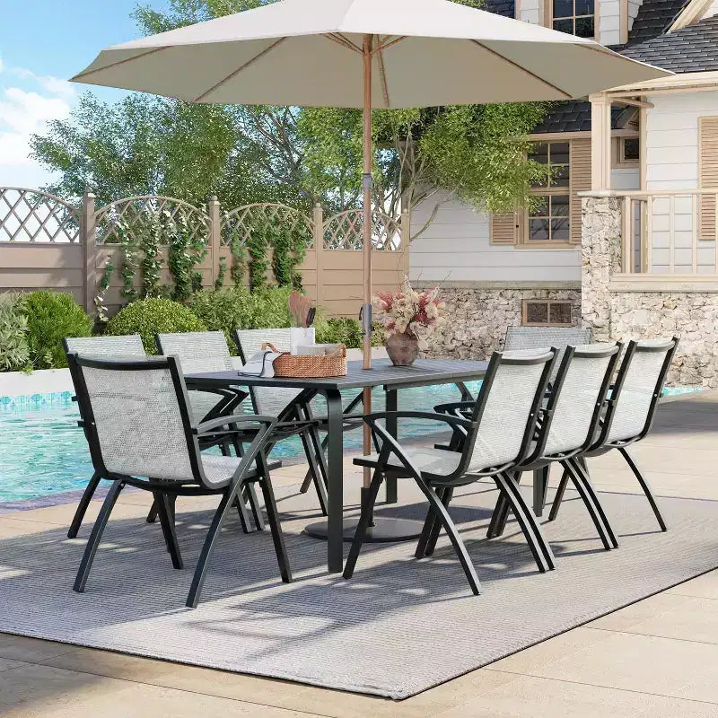 CuisinSmart 71 Table de salle à manger d'extérieur moderne avec trou pour parasol, conception résistante aux intempéries et à la rouille pour restaurants, jardins, bords de piscine