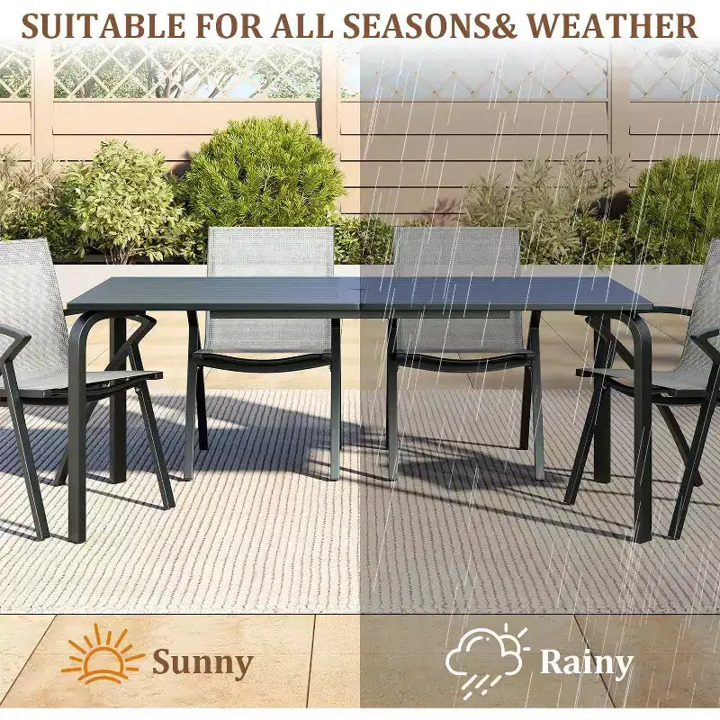 CuisinSmart 71 Table de salle à manger d'extérieur moderne avec trou pour parasol, conception résistante aux intempéries et à la rouille pour restaurants, jardins, bords de piscine