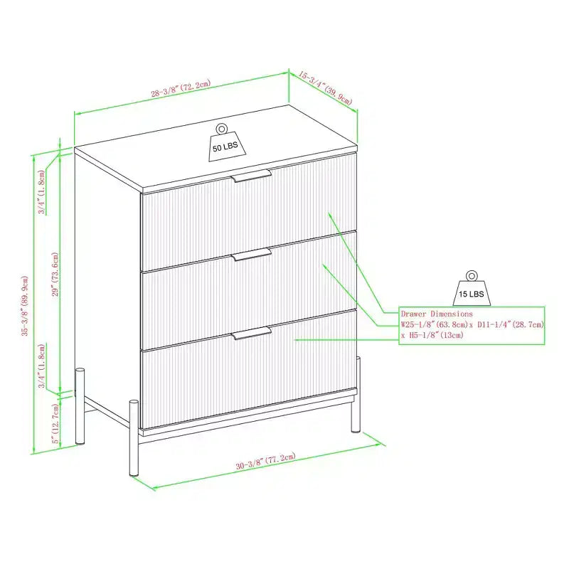 Commode 3 tiroirs en bois massif Okak, design Mid-Century, finition peinte, grand espace de rangement avec glissières en bois, idéale pour les intérieurs modernes