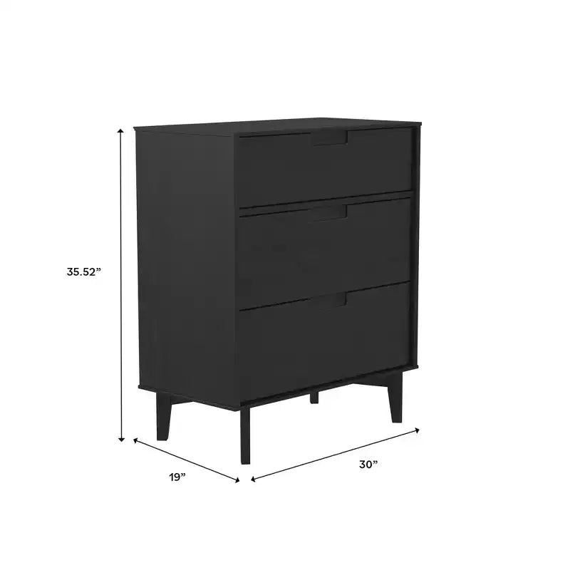 Commode 3 tiroirs en bois massif Okak, design Mid-Century, finition peinte, grand espace de rangement avec glissières en bois, idéale pour les intérieurs modernes