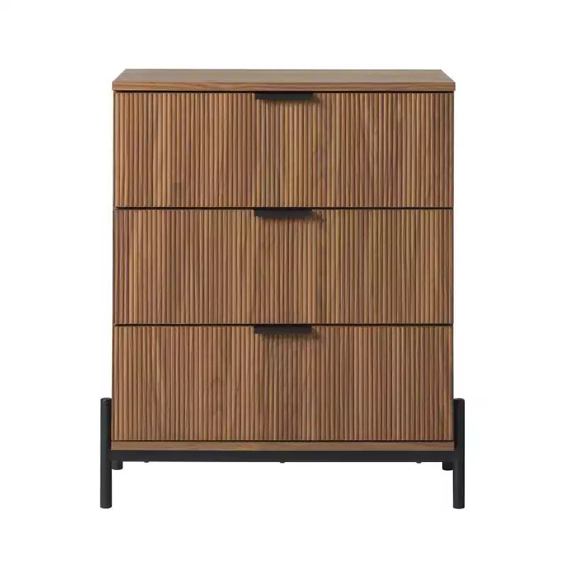 Commode 3 tiroirs en bois massif Okak, design Mid-Century, finition peinte, grand espace de rangement avec glissières en bois, idéale pour les intérieurs modernes