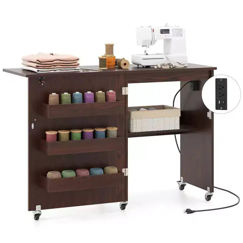 Table à coudre pliable Costway avec roulettes verrouillables, support avec 3 bacs de rangement et prises de courant Blanc/Naturel/Marron/Blanc+Naturel