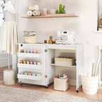 Table à coudre pliable Costway avec roulettes verrouillables, support avec 3 bacs de rangement et prises de courant Blanc/Naturel/Marron/Blanc+Naturel