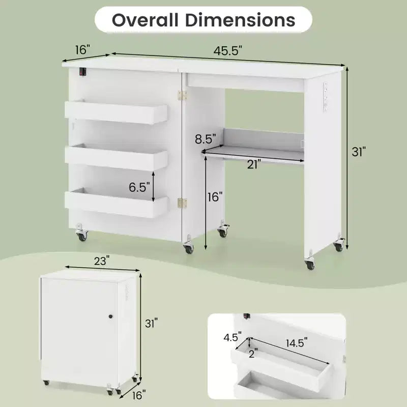 Table à coudre pliable Costway avec roulettes verrouillables, support avec 3 bacs de rangement et prises de courant Blanc/Naturel/Marron/Blanc+Naturel