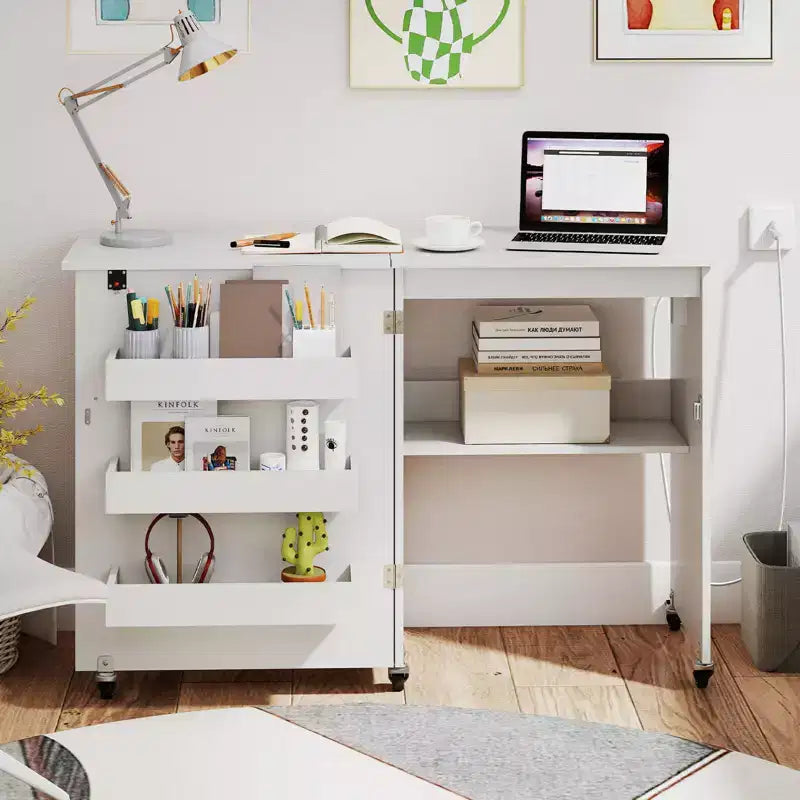 Table à coudre pliable Costway avec roulettes verrouillables, support avec 3 bacs de rangement et prises de courant Blanc/Naturel/Marron/Blanc+Naturel
