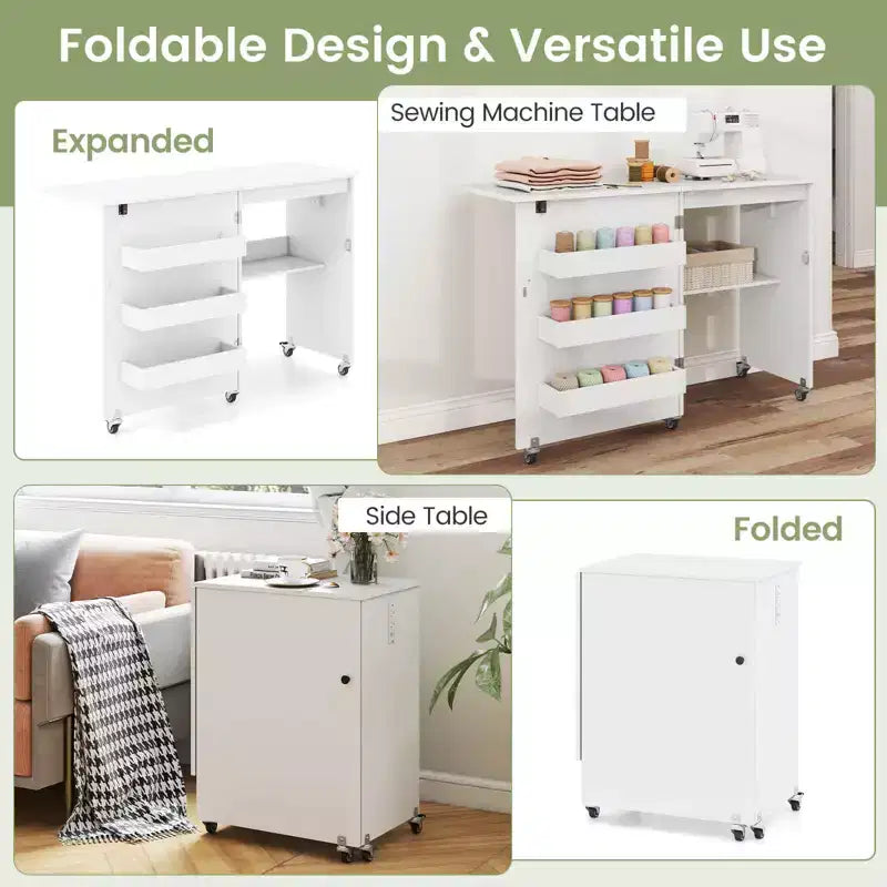 Table à coudre pliable Costway avec roulettes verrouillables, support avec 3 bacs de rangement et prises de courant Blanc/Naturel/Marron/Blanc+Naturel