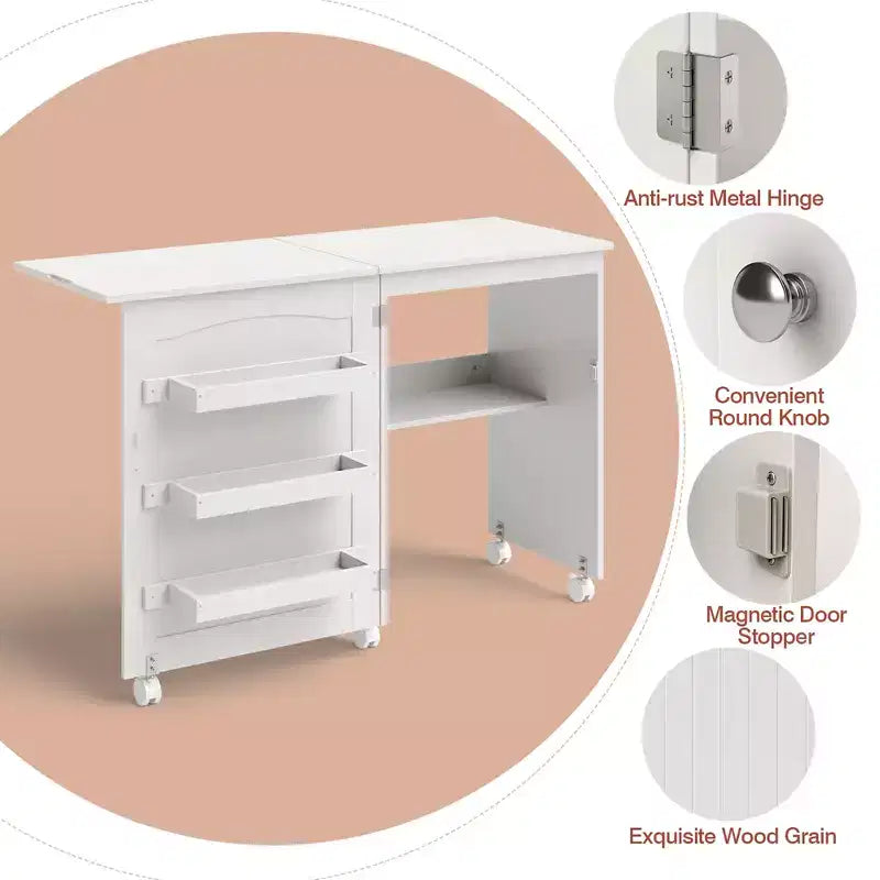 Table à coudre pliable Costway avec roulettes verrouillables, support avec 3 bacs de rangement et prises de courant Blanc/Naturel/Marron/Blanc+Naturel