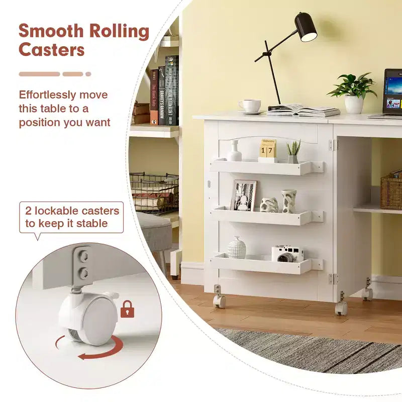 Table à coudre pliable Costway avec roulettes verrouillables, support avec 3 bacs de rangement et prises de courant Blanc/Naturel/Marron/Blanc+Naturel