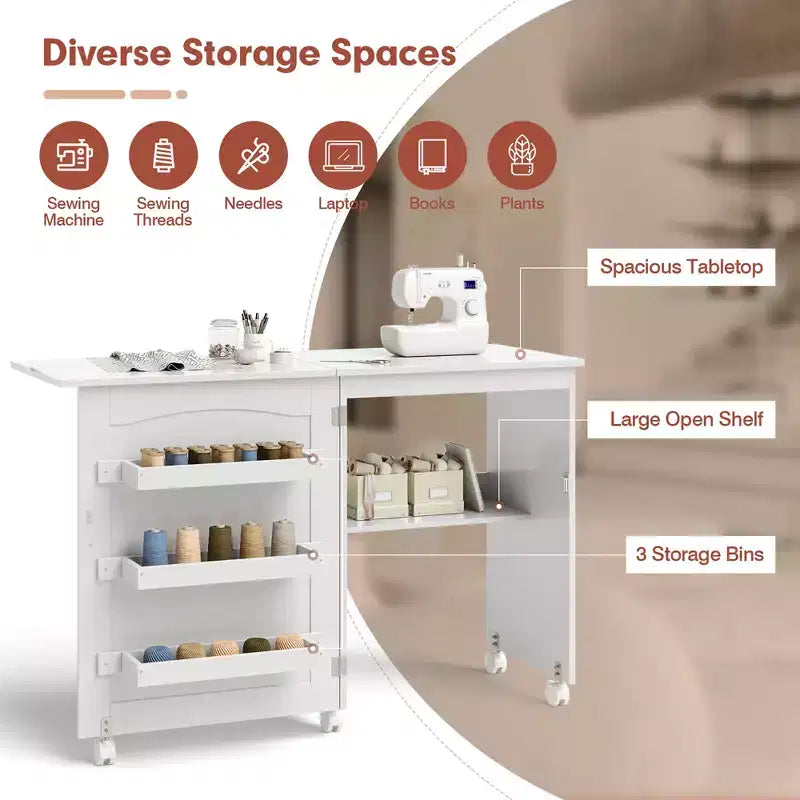 Table à coudre pliable Costway avec roulettes verrouillables, support avec 3 bacs de rangement et prises de courant Blanc/Naturel/Marron/Blanc+Naturel