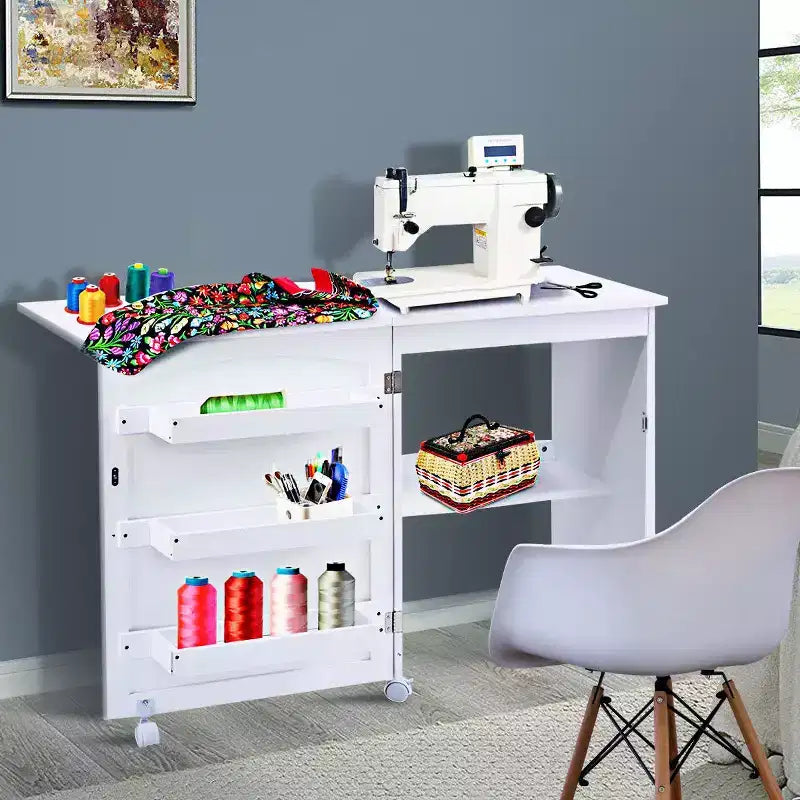Table à coudre pliable Costway avec roulettes verrouillables, support avec 3 bacs de rangement et prises de courant Blanc/Naturel/Marron/Blanc+Naturel
