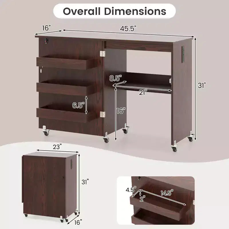 Table à coudre pliable Costway avec roulettes verrouillables, support avec 3 bacs de rangement et prises de courant Blanc/Naturel/Marron/Blanc+Naturel
