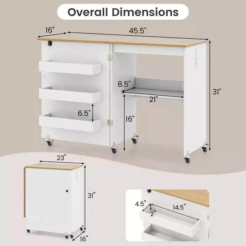 Table à coudre pliable Costway avec roulettes verrouillables, support avec 3 bacs de rangement et prises de courant Blanc/Naturel/Marron/Blanc+Naturel
