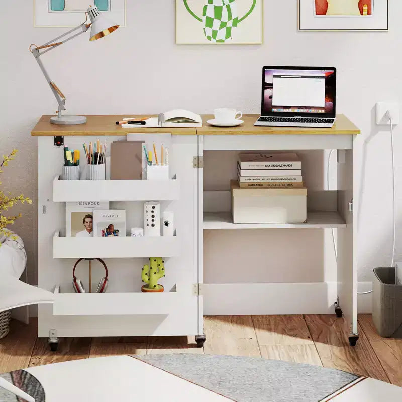 Table à coudre pliable Costway avec roulettes verrouillables, support avec 3 bacs de rangement et prises de courant Blanc/Naturel/Marron/Blanc+Naturel