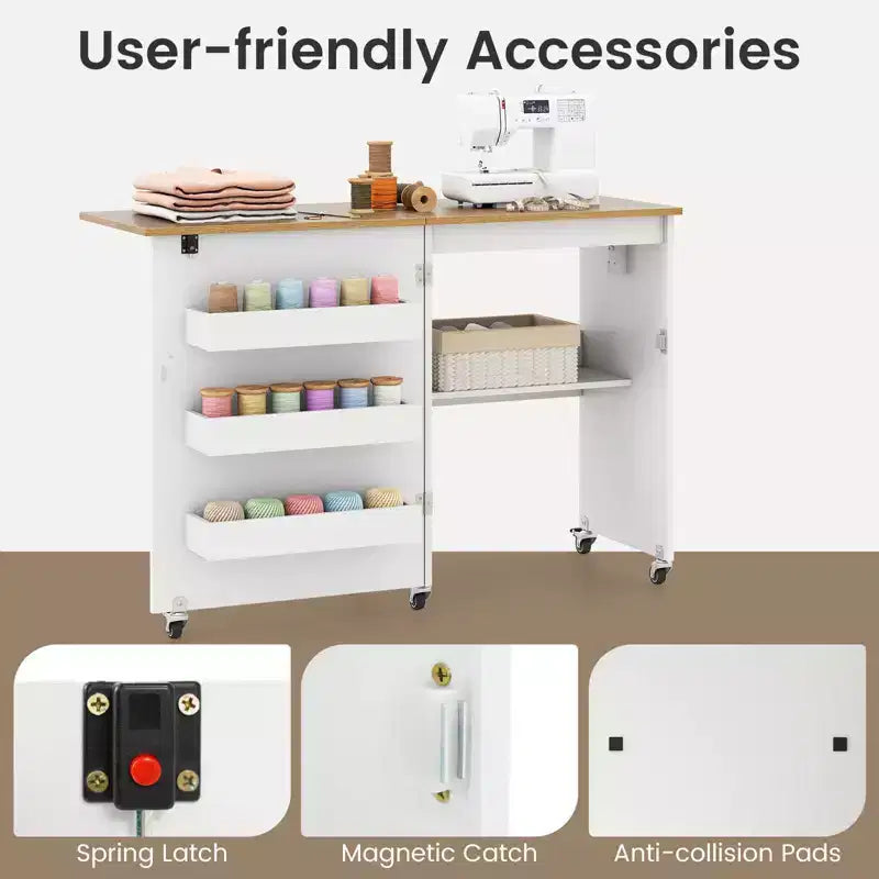Table à coudre pliable Costway avec roulettes verrouillables, support avec 3 bacs de rangement et prises de courant Blanc/Naturel/Marron/Blanc+Naturel