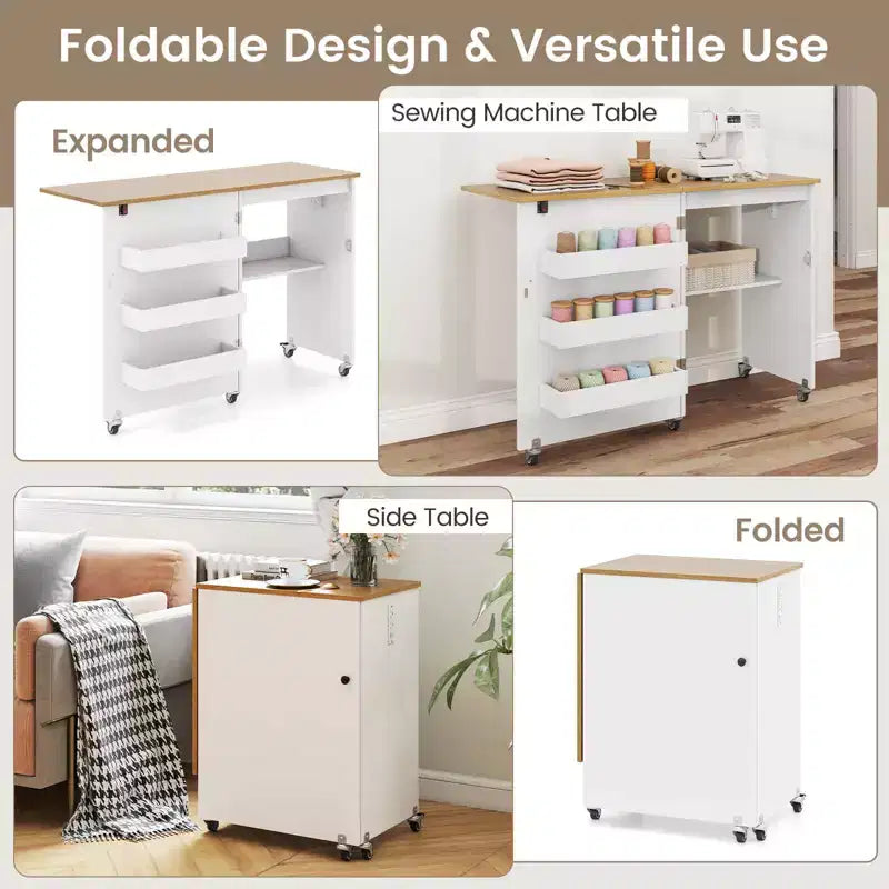 Table à coudre pliable Costway avec roulettes verrouillables, support avec 3 bacs de rangement et prises de courant Blanc/Naturel/Marron/Blanc+Naturel