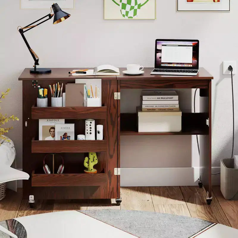 Table à coudre pliable Costway avec roulettes verrouillables, support avec 3 bacs de rangement et prises de courant Blanc/Naturel/Marron/Blanc+Naturel
