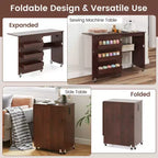 Table à coudre pliable Costway avec roulettes verrouillables, support avec 3 bacs de rangement et prises de courant Blanc/Naturel/Marron/Blanc+Naturel