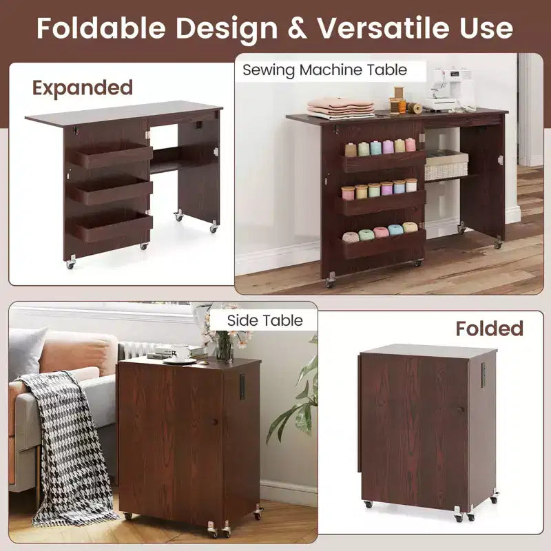 Table à coudre pliable Costway avec roulettes verrouillables, support avec 3 bacs de rangement et prises de courant Blanc/Naturel/Marron/Blanc+Naturel