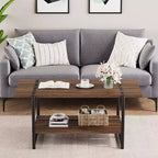 Table basse rectangulaire 41 avec 2 niveaux de rangement, plateau brun noyer et cadre en acier noir, robuste et peu encombrante pour salon, bureau, appartement