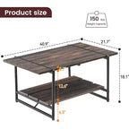 Table basse rectangulaire 41 avec 2 niveaux de rangement, plateau brun noyer et cadre en acier noir, robuste et peu encombrante pour salon, bureau, appartement