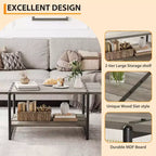 Table basse rectangulaire 41 avec 2 niveaux de rangement, plateau brun noyer et cadre en acier noir, robuste et peu encombrante pour salon, bureau, appartement