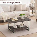 Table basse rectangulaire 41 avec 2 niveaux de rangement, plateau brun noyer et cadre en acier noir, robuste et peu encombrante pour salon, bureau, appartement