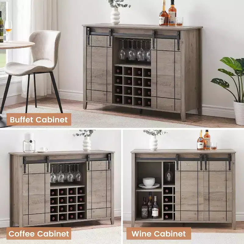 Acekool Meuble Bar, Buffet 47" avec Portes Coulissantes, Armoire de Rangement de Style Ferme avec Étagère Réglable pour Salle à Manger, Ivoire Clair