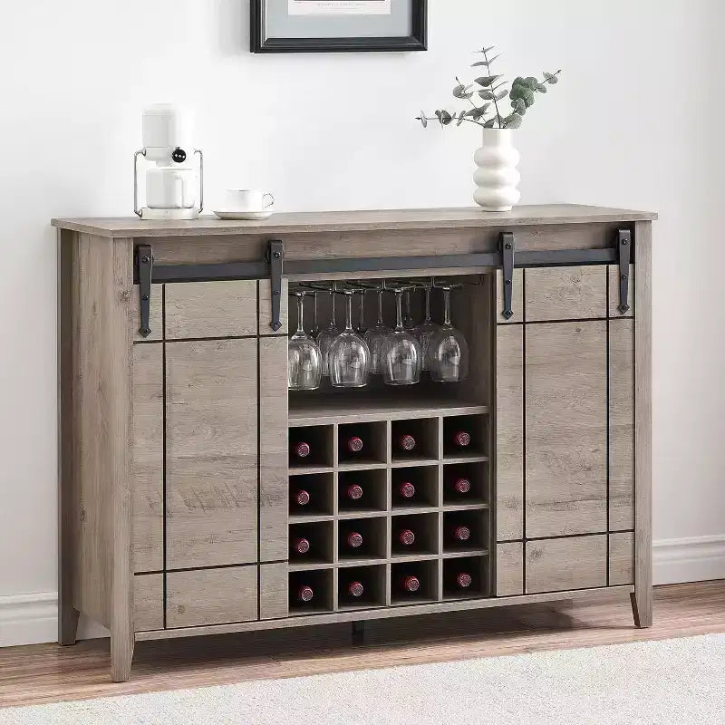 Acekool Meuble Bar, Buffet 47" avec Portes Coulissantes, Armoire de Rangement de Style Ferme avec Étagère Réglable pour Salle à Manger, Ivoire Clair