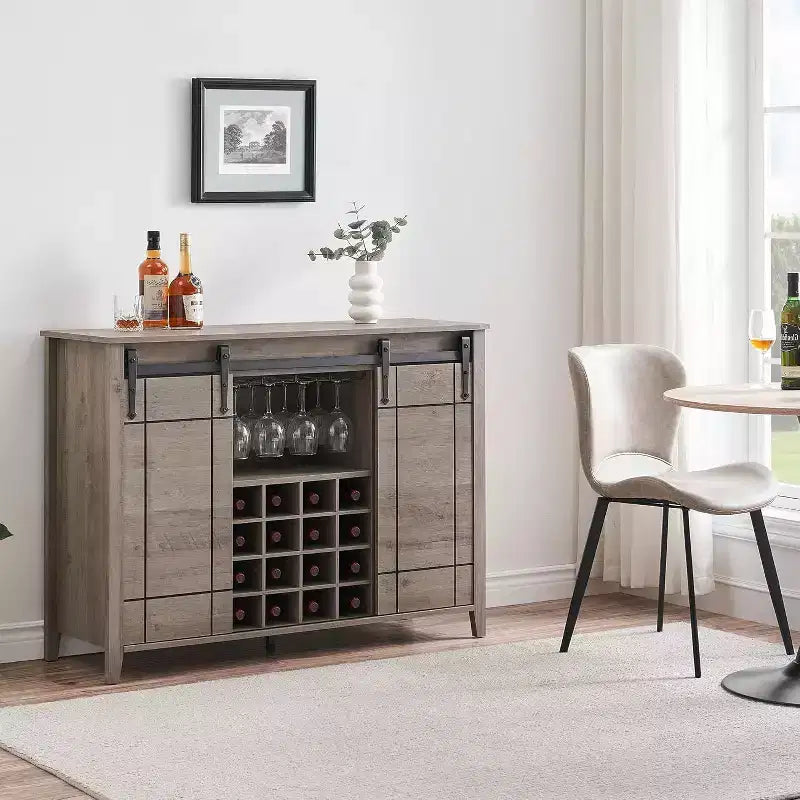 Acekool Meuble Bar, Buffet 47" avec Portes Coulissantes, Armoire de Rangement de Style Ferme avec Étagère Réglable pour Salle à Manger, Ivoire Clair