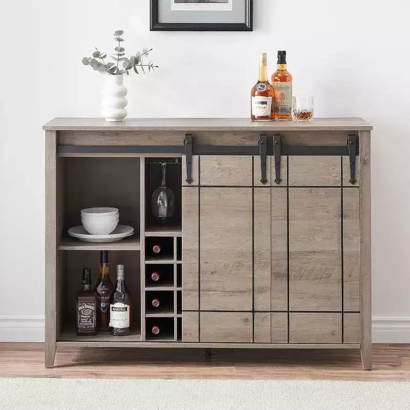 Acekool Meuble Bar, Buffet 47" avec Portes Coulissantes, Armoire de Rangement de Style Ferme avec Étagère Réglable pour Salle à Manger, Ivoire Clair