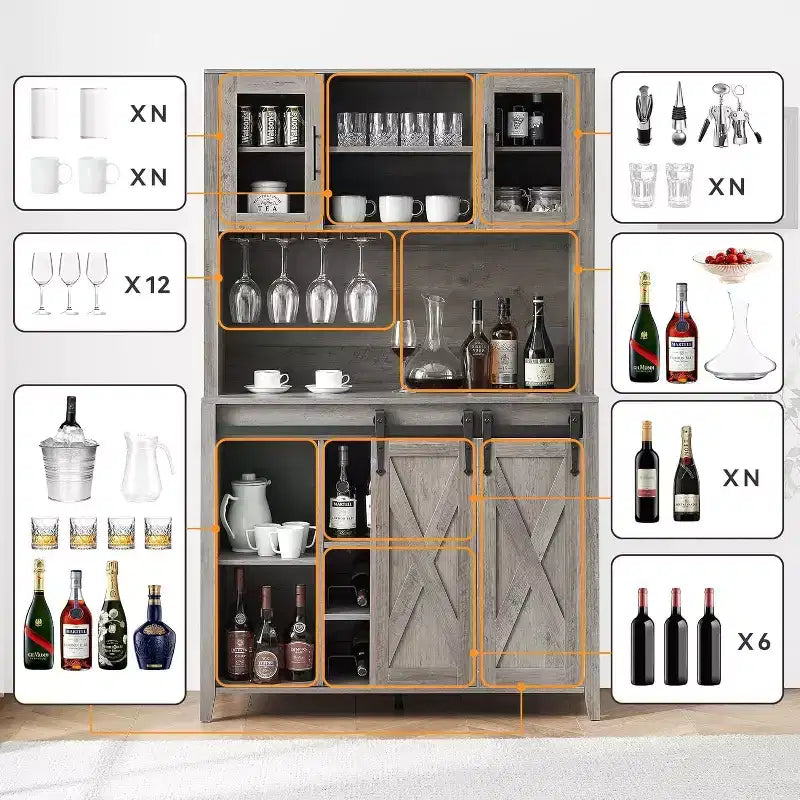 Acekool Meuble Bar à Vin 70" avec Étagère Supérieure, Portes Coulissantes Type Grange, Étagères Réglables, Supports à Verres, Couleur Bois Brûlé