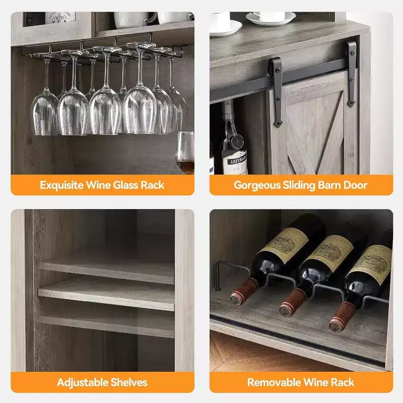 Acekool Meuble Bar à Vin 70" avec Étagère Supérieure, Portes Coulissantes Type Grange, Étagères Réglables, Supports à Verres, Couleur Bois Brûlé