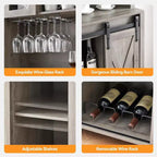 Acekool Meuble Bar à Vin 70" avec Étagère Supérieure, Portes Coulissantes Type Grange, Étagères Réglables, Supports à Verres, Couleur Bois Brûlé