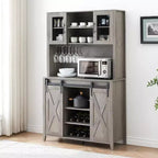 Acekool Meuble Bar à Vin 70" avec Étagère Supérieure, Portes Coulissantes Type Grange, Étagères Réglables, Supports à Verres, Couleur Bois Brûlé