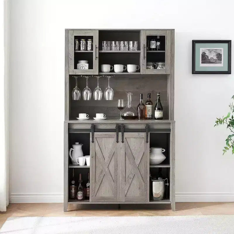 Acekool Meuble Bar à Vin 70" avec Étagère Supérieure, Portes Coulissantes Type Grange, Étagères Réglables, Supports à Verres, Couleur Bois Brûlé