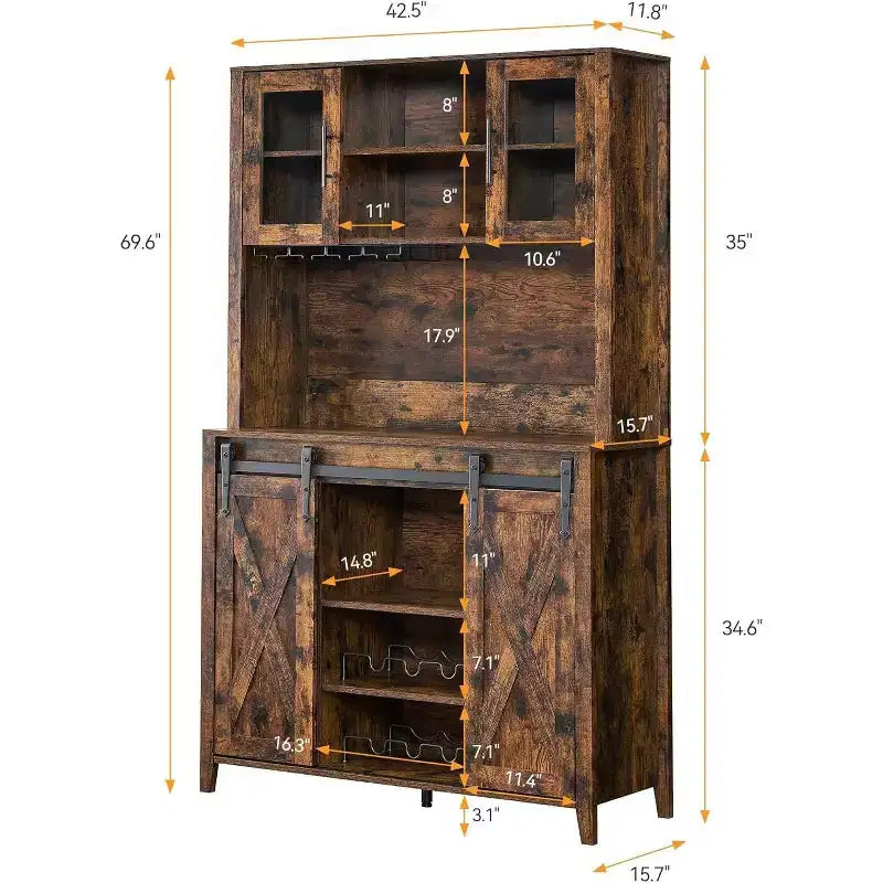 Acekool Meuble Bar à Vin 70" avec Étagère Supérieure, Portes Coulissantes Type Grange, Étagères Réglables, Supports à Verres, Couleur Bois Brûlé