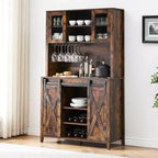Acekool Meuble Bar à Vin 70" avec Étagère Supérieure, Portes Coulissantes Type Grange, Étagères Réglables, Supports à Verres, Couleur Bois Brûlé