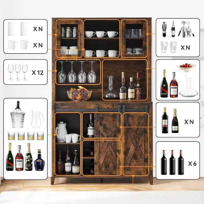 Acekool Meuble Bar à Vin 70" avec Étagère Supérieure, Portes Coulissantes Type Grange, Étagères Réglables, Supports à Verres, Couleur Bois Brûlé